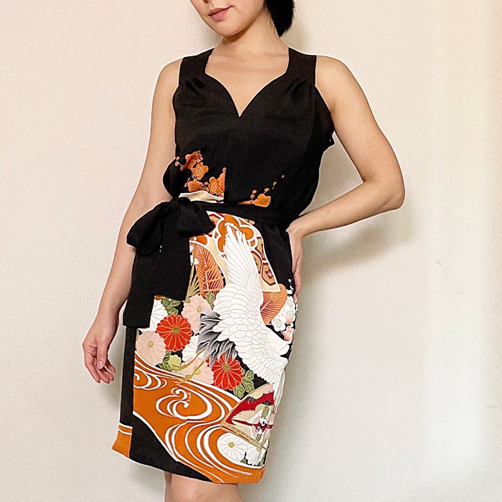 Hand sewn silk kimono dress black crane